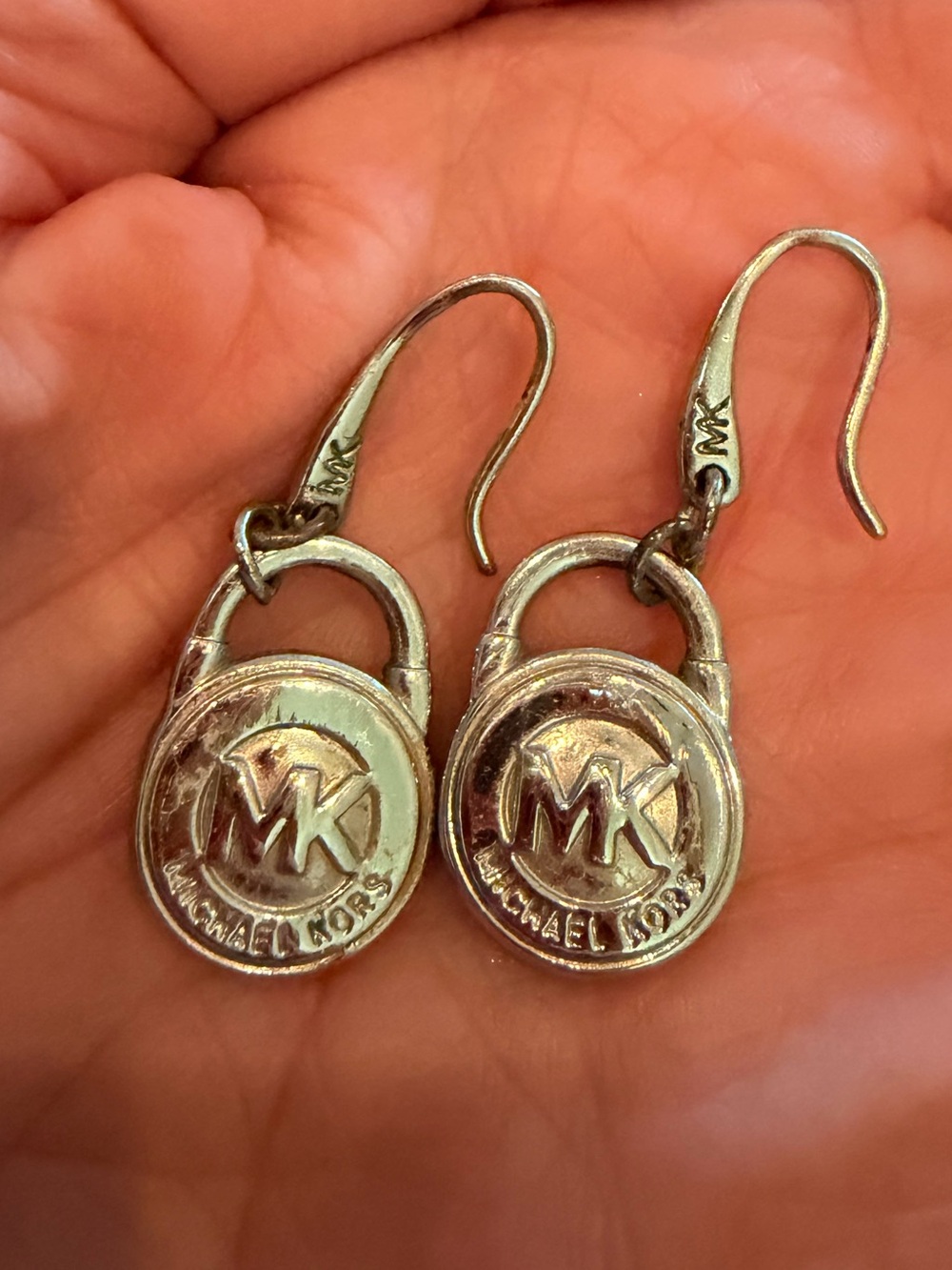 Michael Kors Silver Lock Charm Drop Earrings with MK Logo